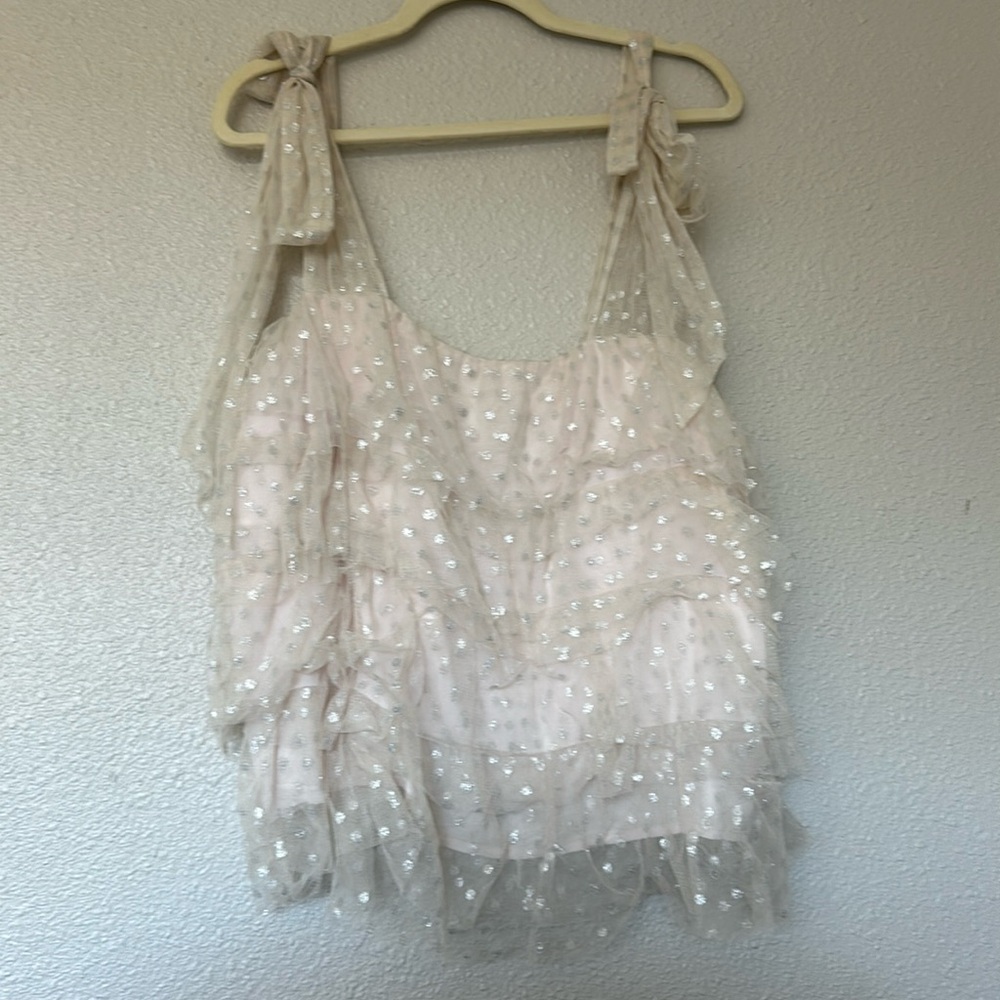 Maeve by Anthropologie Smocked Ruffle Tank Polka Dot Glitter Tie Sleeve